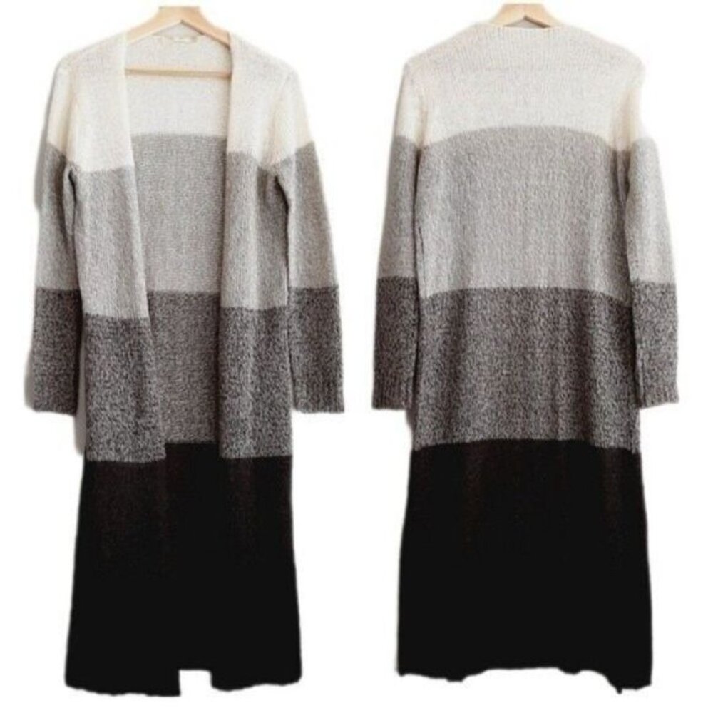 RD STYLE Long Knit Cardigan Sweater Light Coat Open Front Neutral Stripe Sz M